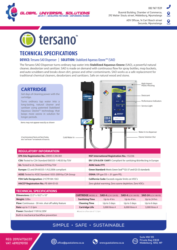 GUS Technical Specification - Tersano SAO Dispenser Thumbnail